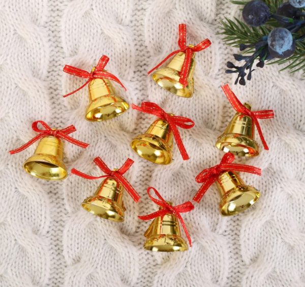 Украшение ёлочное "Колокольчики с бантиком и снежинками" (набор 8 шт) 2 см золото