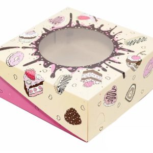 Коробка п/пирожные картонная  230х130х80 "Кексы" розовые /50/