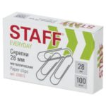 Скрепки 28мм STAFF «EVERYDAY» 100шт/упак металл. картон 220012