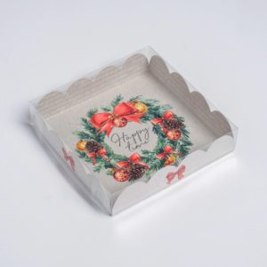 Коробка д/пирожных с PVC крышкой «Happy time!», 13 × 13 × 3 см.