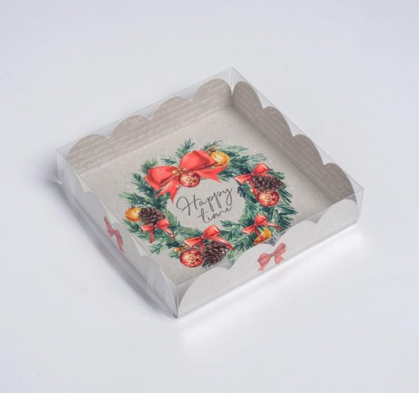 Коробка д/пирожных с PVC крышкой «Happy time!», 13 × 13 × 3 см.