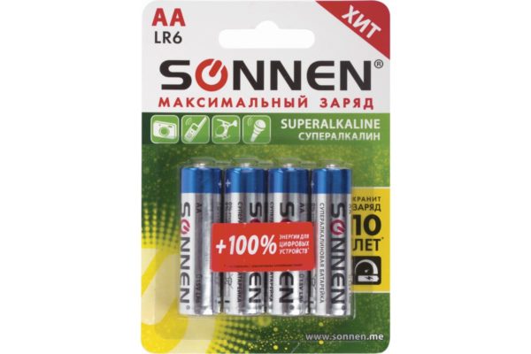 Батарейки Комплект 4шт "SONNEN Super Alkaline" AA(LR6,15A), алкалинов.