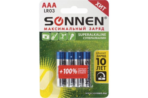 Батарейки Комплект 4шт "SONNEN Super Alkaline" AAA(LR03,24A), алкалинов.