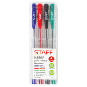 Ручка гелевая набор 4 цвета, STAFF Basic GP-789, хромированный наконечник, узел 0,5 мм