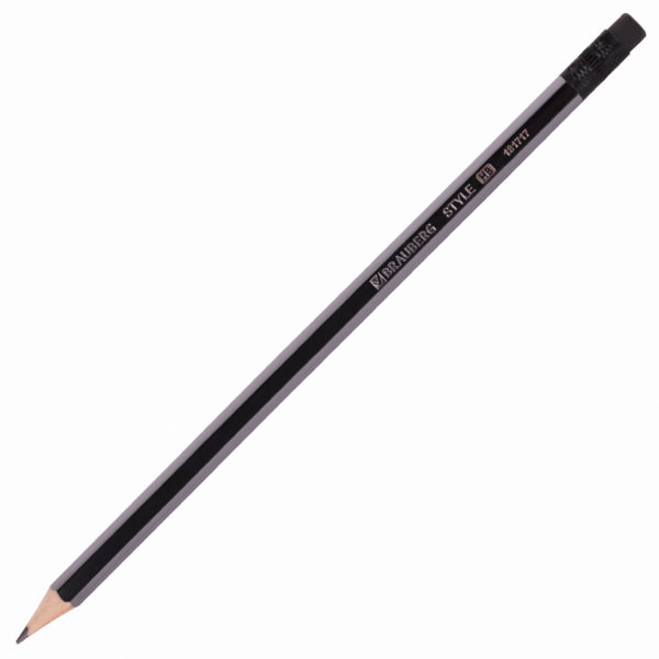 Карандаш чернографитный BRAUBERG "Style", 1 шт., HB, с ластиком, корпус черно-серый