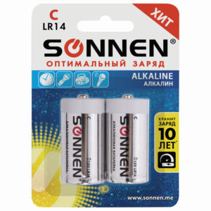 Батарейка SONNEN Alkaline, С LR14, 14А, алкалиновые, блистер 2шт/уп