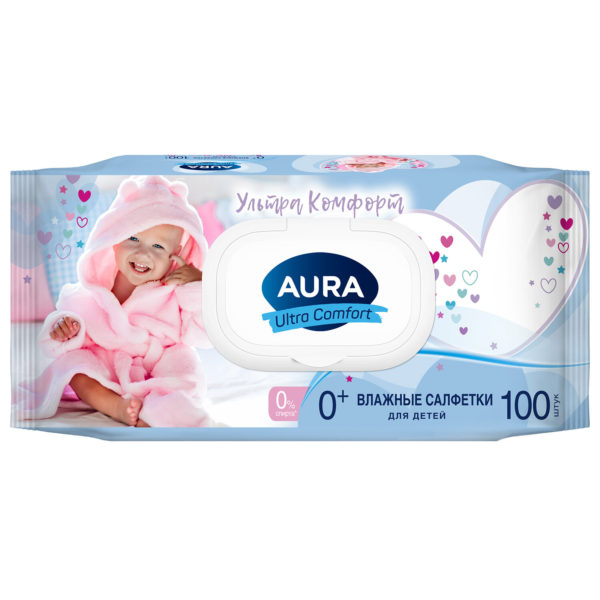Салфетки влажные Aura "Ultra comfort",100шт, детские гипоаллергенные, без спирта, клапан/12/