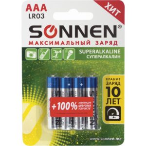 Батарейки Комплект 4шт "SONNEN Super Alkaline" AAA(LR03,24A), солевые.