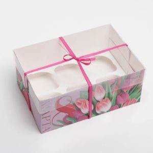 Коробка д/капкейков с PVC крышкой Тюльпаны «8 марта», 16 × 8 × 10 см