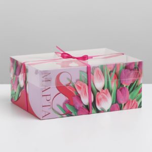 Коробка д/капкейков с PVC крышкой Тюльпаны «8 марта», 16 × 8 × 10 см
