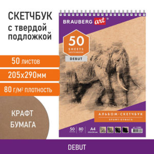 Скетчбук, крафт-бумага 80г/м2, 205х290мм, 50л, гребень, BRAUBERG ART DEBUT