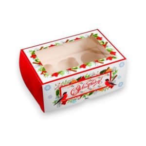 Коробка на 6 капкейков с окном " С новым годом" 25*17*10см